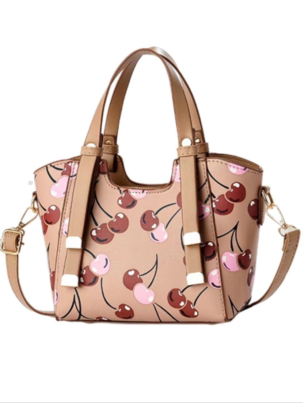 Cherry Print Khaki Tote Bag with Removable Strap